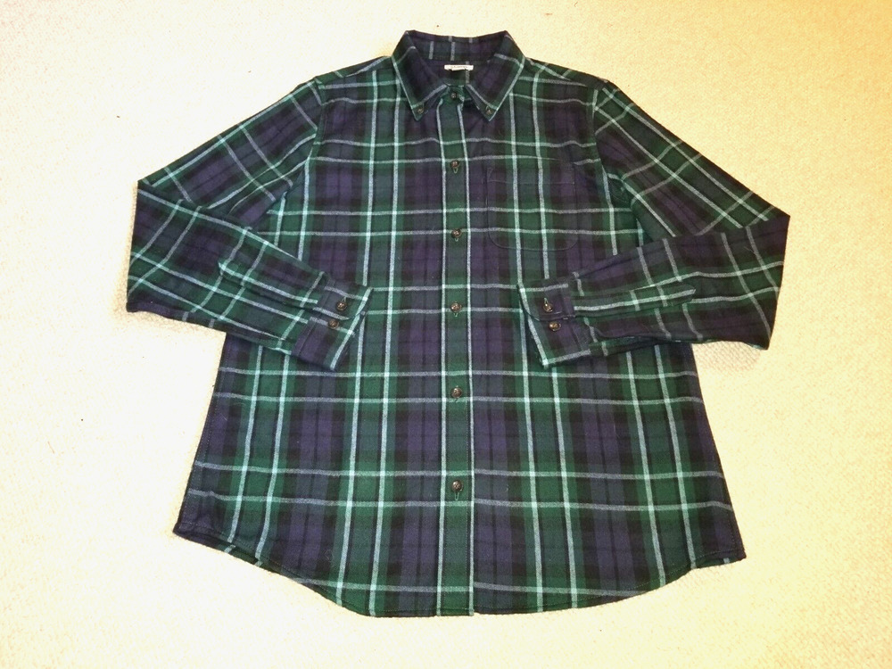 Womens Top-L.L. BEAN-green/blue/black plaid cotton flannel button-up Gorpcore-S